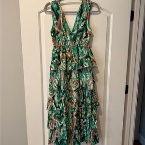 TCEC Teal Green Layered Maxi Dress with Abstract Pattern